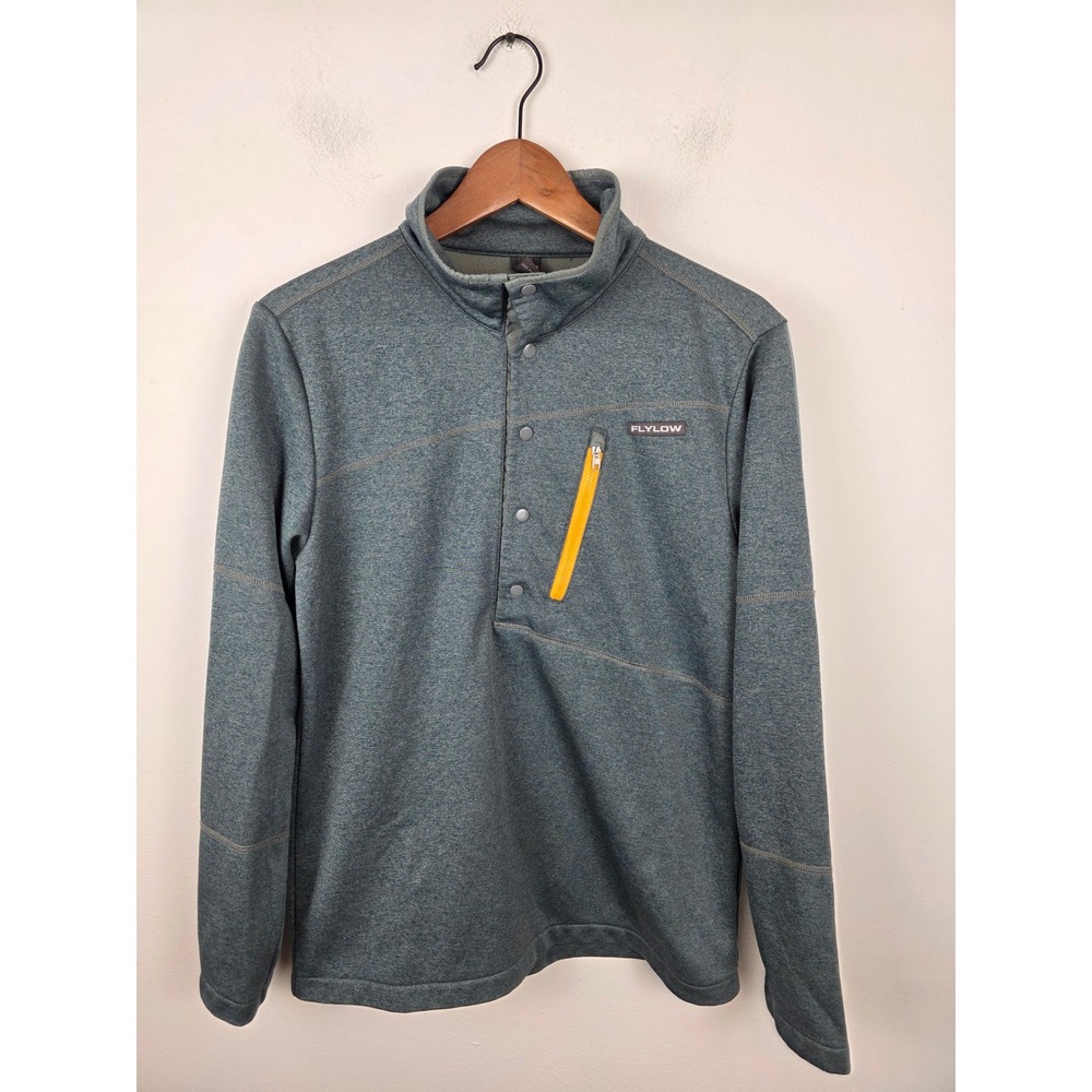 Flylow Mens Snap Neck Fleece Pullover Blue Gray Heathered Small Chest Pocket